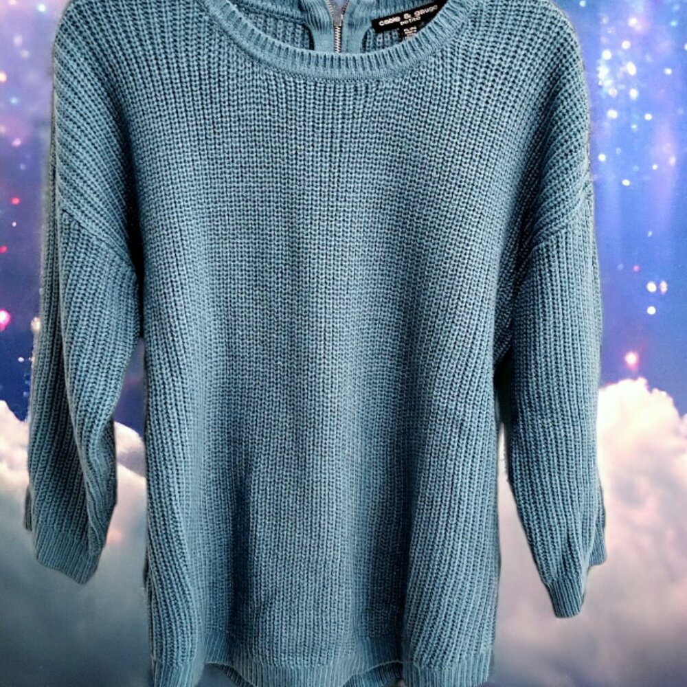 SIZE LP CABLE & GAUGE DENIM BLUE KNIT SWEATER WITH 1/2 BACK ZIPPER